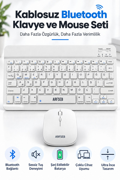 Arfseb Kablosuz Klavye Mouse Seti Telefon Tablet ve PC Uyumlu Wireless Sessiz...