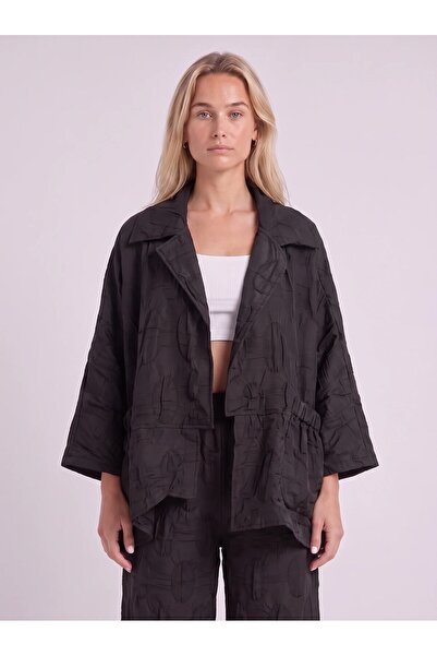 Bold & Young Women's Black Patterned Jacquard Asymmetrical Cut Jacket