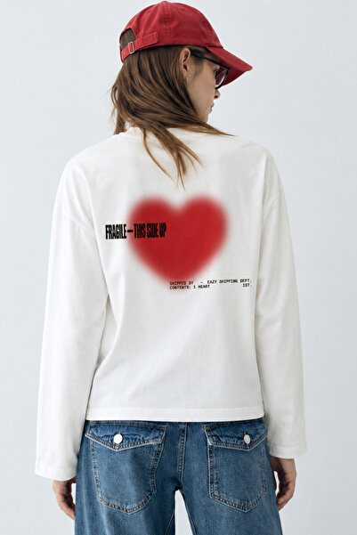 Eazy Co EAZY Unisex Oversize Uzun Kollu Tişört %100 Pamuk Ekru Fragile Heart ...