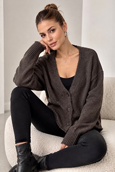 bb butik basic Oversize V-Neck Buttoned Soft Textured Women's Knitwear Cardig...