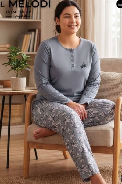 melodi 100% Cotton Oversized Plus Size Long Sleeve Women's Pajama Set