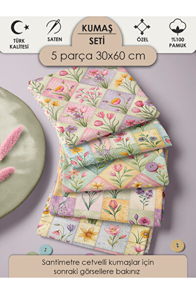 FabricMarket %100 Pamuk Kumaş Panel Seti 5 Farklı Desen 30x60 cm – Vintage Pa...