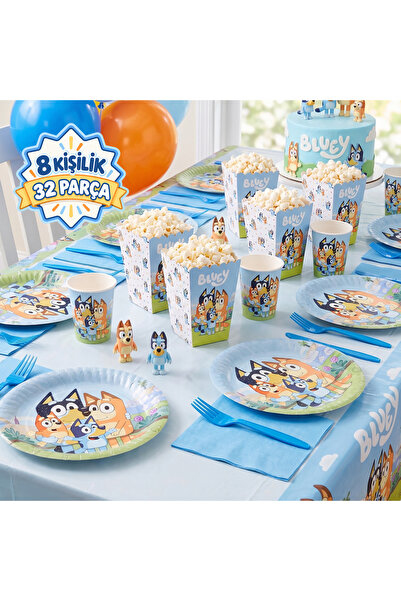 Bluey Temalı Doğum Günü Parti Sofra Seti 8 Kişilik Tabak Bardak Çatal Popcorn Mısır Kutusu