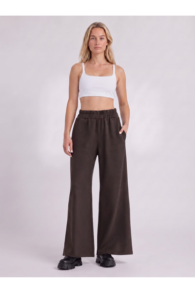 Bold & Young Women's Brown Steel Knitted Wide-Leg Trousers with Elastic Waist...