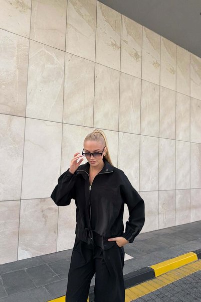 lizge giyim Fermurli Waist-Tieded Double Pocket Bambir Jacket