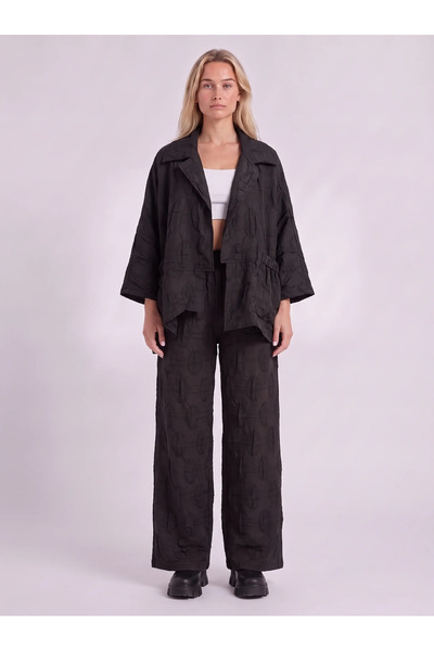 Bold & Young Women's Black Jacquard Patterned Wide-Leg Trousers with Elastic ...