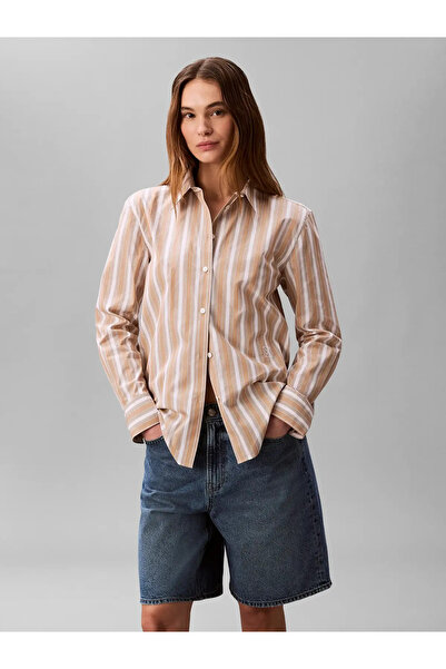 Calvin Klein YARNDYE COTTON POPLI, HMS, XS Bej Kadın Gömlek