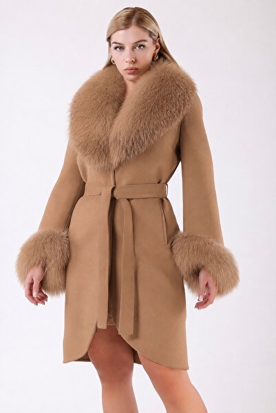 Leather Club Camel Fox Kürk Aksesuarlı Kaşmir Kaban