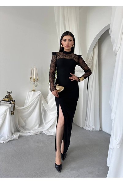 EMİYEL Omuz Detaylı Dantel Kollu Maxi Elbise