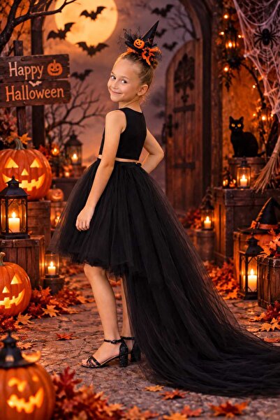 SUNEH Girl's Black Tutu Skirt with Long Tail at the Back, Graduation Party Pr...