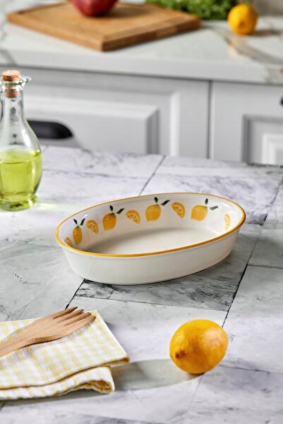 Akkoyunlu home Limon Desenli Derin Oval Servis Tabağı - Sarı Kenarlı Şık Kayı...
