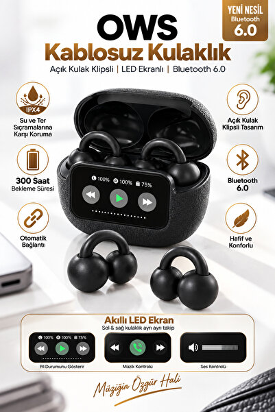 CROW'S TECH OWS Bluetooth 6.0 Açık Kulak Klipsli Kulaklık Akıllı LED Ekran IPX4 Hafif Konforlu Tasarım