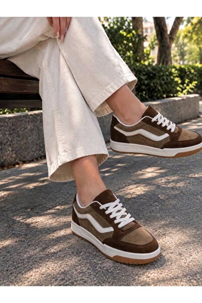 en7 Kahve Vizon Unisex Günlük Sneaker Spor Ayakkabı Kalın Taban Bağcıklı Süet Detaylı Rahat Şık Ayakkabı 2608