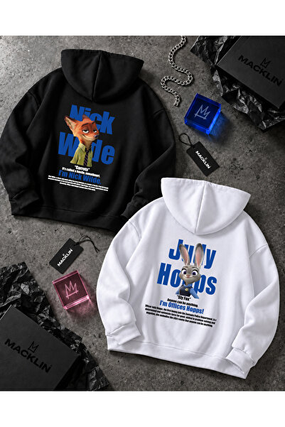 Sevgili - Arkadaş Çift Kombini Zootopia Nick and Judy Sırt Baskılı Özel Tasarım Kapüşonlu Sweatshirt 2li Takım