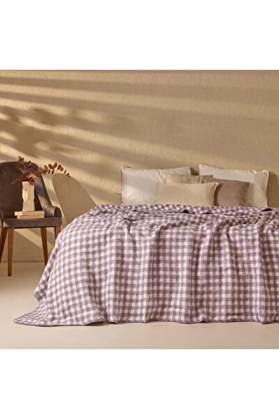 Evidea Soft Aspen Pamuklu Çift Kişilik Battaniye - Ekru / Lila - 200x220 cm