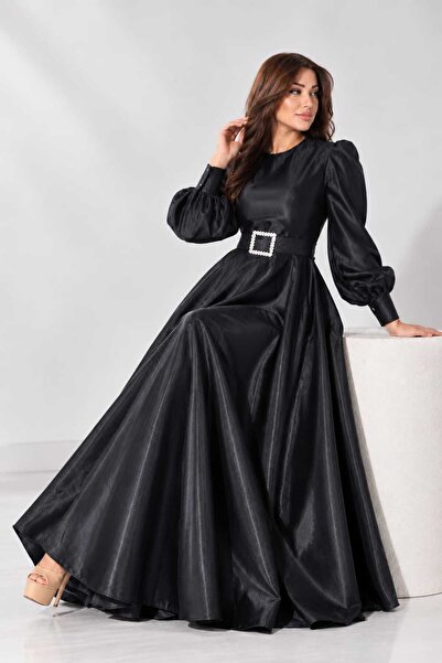 azeldembutik فستان سهرة من قماش الساتان مع حزام