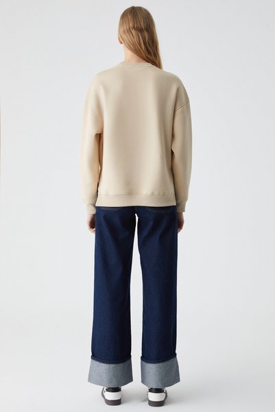 ETHIQUET RICENNI Kadın Bisiklet Yaka Oversize Taş Rengi Sweatshirt