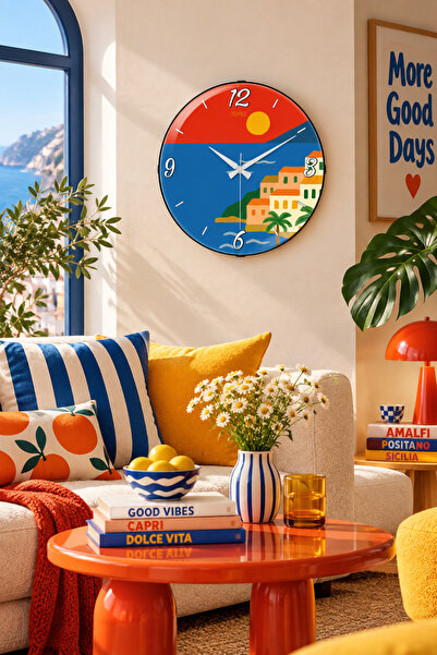 Muyika Design Dopamin Duvar Saati 36 cm Amalfi Sahil Manzaralı Sessiz Akar Me...