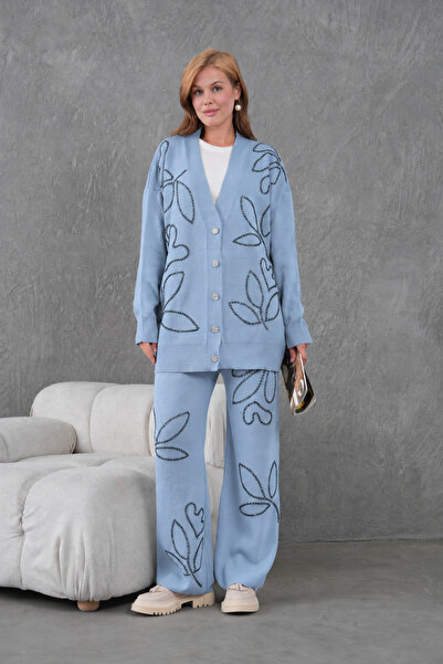 Moda Neval Women's Embroidered Buttoned Knitwear Cardigan Wide-Leg Pants Two-...