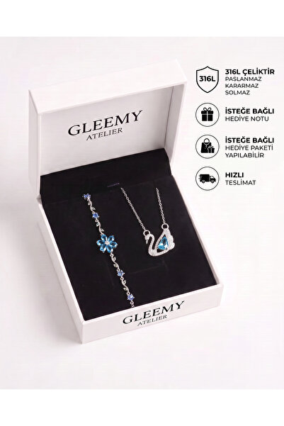 Gleemy accesories Zarif Tasarım Mavi Taşlı Kuğu & Çiçek Motifli Paslanmaz Çel...