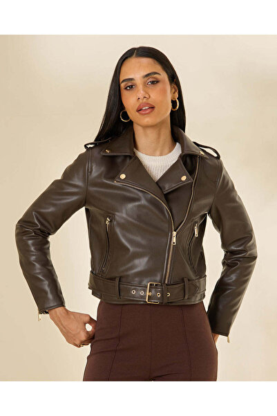 REDTAG Women Brown Plain Leather Jacket