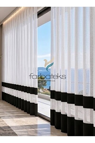 farbateks Siyah Bantlı Şerritli Exclusive Tül Perde Stripe 3Kat Pileli Tül Perde