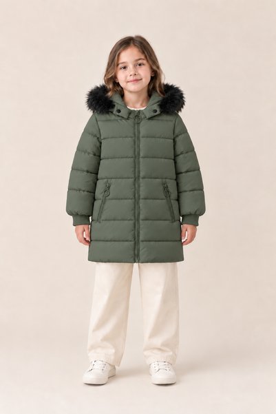 EA LİNE Girl's Fur Detailed Hooded Long Winter Puffer Coat - Khaki