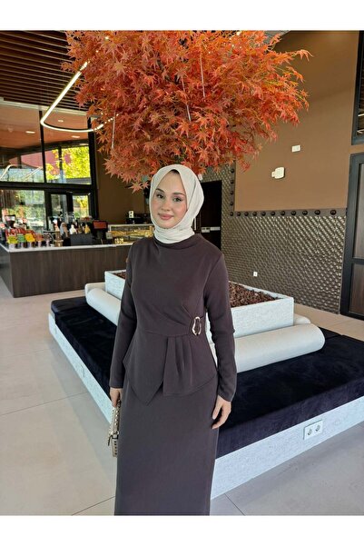 Nuss 2051 Gold Tokalı Elbise Kahve