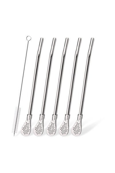 Choice Silver 6Pcs/Set Silver Stainless Steel Drinking Straws Washable Reusab...