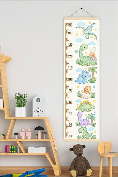 Piksel Grafik Dinozorlar Temalı Askılı Kanvas Boy Ölçer - Çocuk Odası Boy Met...