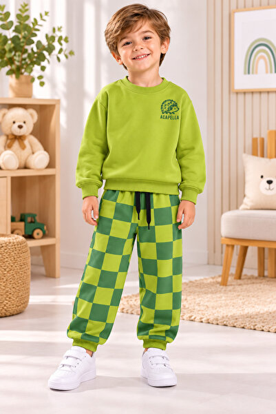 Uğur bebe Green Three-Thread Non-Stretch Boys' Tracksuit Set – Comfortable Fi...
