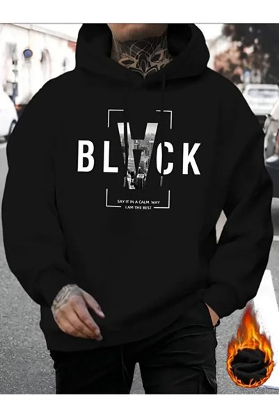 K KOZZ STYLE Μαύρο εμπριμέ φούτερ με 3 κλωστές σε υπερμεγέθη σχέδια