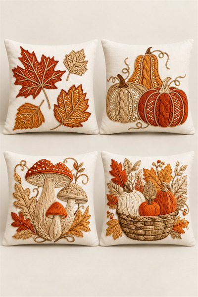 dekomingo Autumn Pumpkin and Leaf Patterned Punch Look Decorative Throw Pillow Cover Set of 4 (Double-Sided)