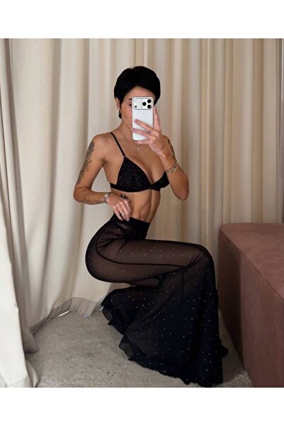 sajarsln Three-Piece Set with Stones Spanish Trousers with Stones Adjustable Strap Bustier Tulle