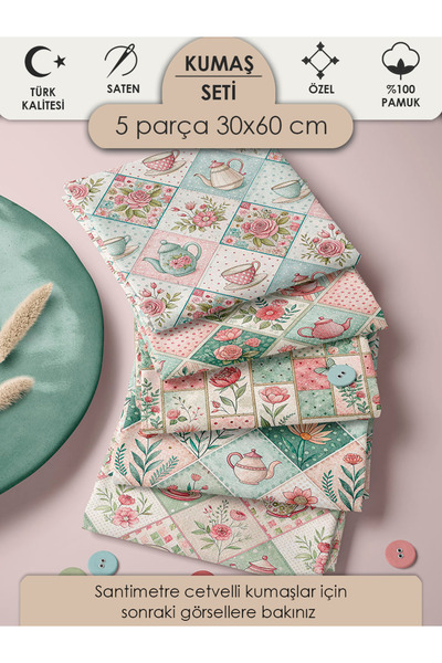 FabricMarket %100 Pamuk Kumaş Panel Seti 5 Farklı Desen 30x60 cm – Vintage Pa...