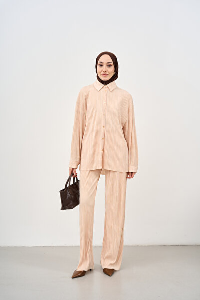 LOCCO Women's Pleated Detailed Shirt Suit Beige