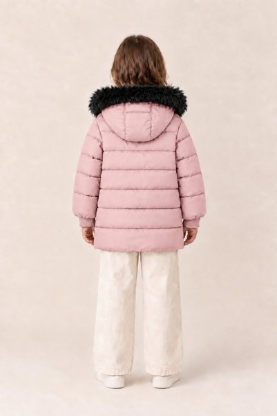 EA LİNE Girl's Fur Detailed Hooded Long Winter Puffer Coat - Pink