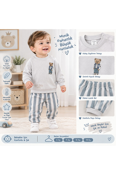 ERKEK BEBEK AYICIK NAKIŞLI ÇİZGİLİ 2'Lİ TAKIM
