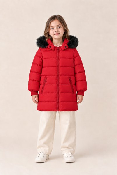 EA LİNE Girl's Fur Detailed Hooded Long Winter Puffer Coat - Red