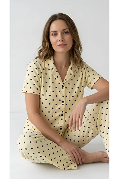 Sarı Puantiyeli Düğmeli Pijama Takımı 4642-Sarı