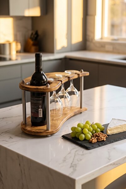 Doğal Ahşap Şarap Ve Kadeh Standı İki Katlı Premium Lüks Sunumluk Özel Tasarım Hediyelik - 45x21 cm