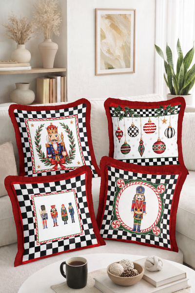 Home Decorative 4-Piece Fringed-Tasseled Throw Pillow Cover Set with New Year...