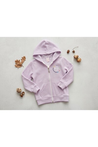 pembe life kids Girl's Lilac Hooded Wafer Texture Zippered Cardigan Jacket