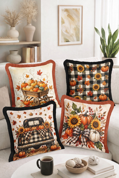 Home Fall Pumpkin, Sunflower, and Plaid Pattern Decorative 4-Piece Fringe-Tas...