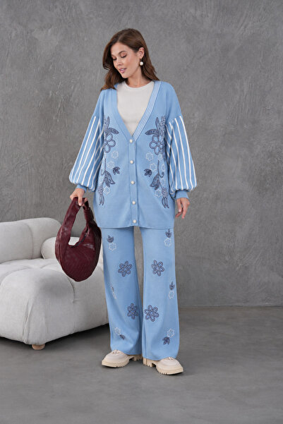 Moda Neval Women's Bead Embellished Sleeve Striped Knitwear Cardigan Trousers...