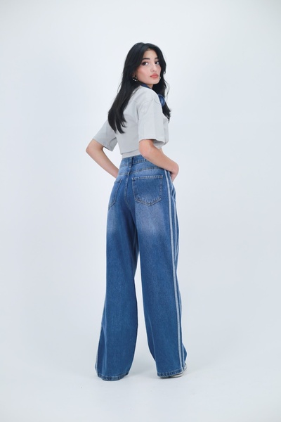 harmony factory Wide Leg Yüksek Bel Yan Şeritli Vintage Yıkamalı Kot Pantolon