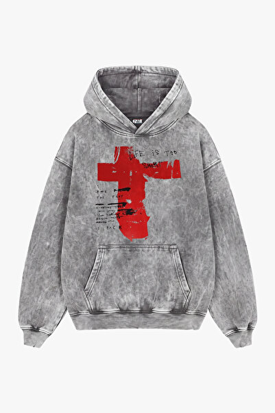 Sekizbiraltı Life Is Too Short Baskılı Yıkamalı Beyaz Oversize Unisex Hoodie