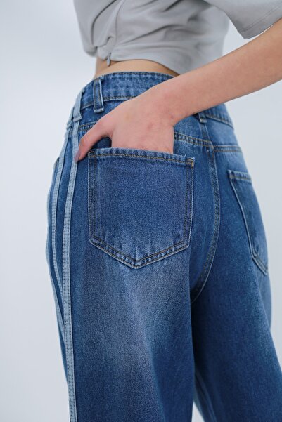 harmony factory Wide Leg Yüksek Bel Yan Şeritli Vintage Yıkamalı Kot Pantolon