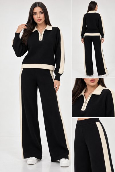 HELMİRA Women's Stylish Stripe Detailed Half Zipper Collared Knitwear 2-Piece Set Wide Leg