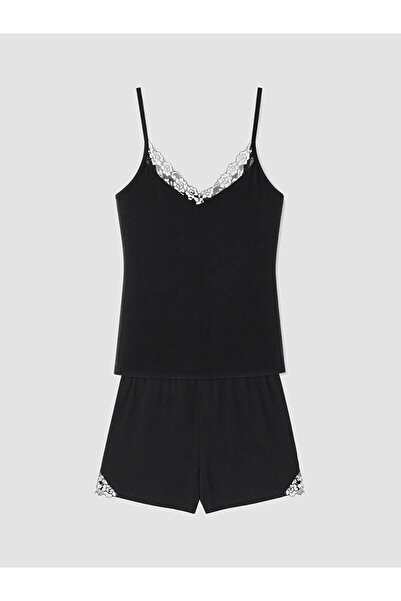 LC Waikiki Lcw Dream Black Lace Women's Shorts Pajama Set with Rope Straps